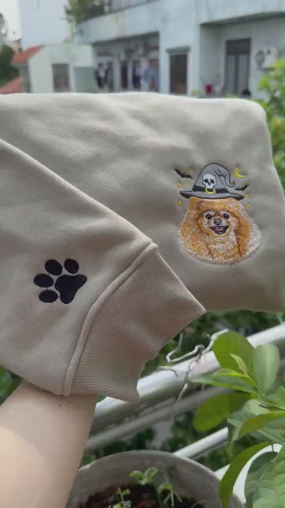 Custom Pet Halloween Sweatshirt Personalized Dog Cat Portrait Embroidered on Washed Color Crewneck Cute Fall Gift for Pet Lovers