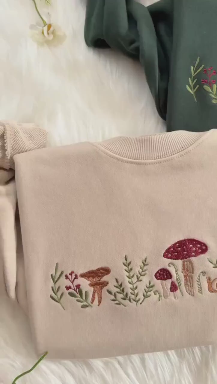 Embroidered Mushroom Sweatshirt | Botany Embroidered Hoodie | Cottage Core Embroidery T-shirt | Embroidered Mushroom Crew Neck Sweatshirt