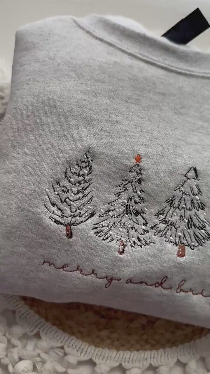 Merry  Bright Christmas Tree Embroidered Crewneck Sweatshirt   4 Christmas Trees