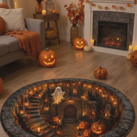 Flat Halloween Haunted Well Round Rug, 3D Ghost Skeleton Black Cat Carpet, Pumpkin Cellar Illusion Floor Decor 129f306a-71b3-46d2-a8ce-6407f0cae58b-CRL1788423911641392.mp4