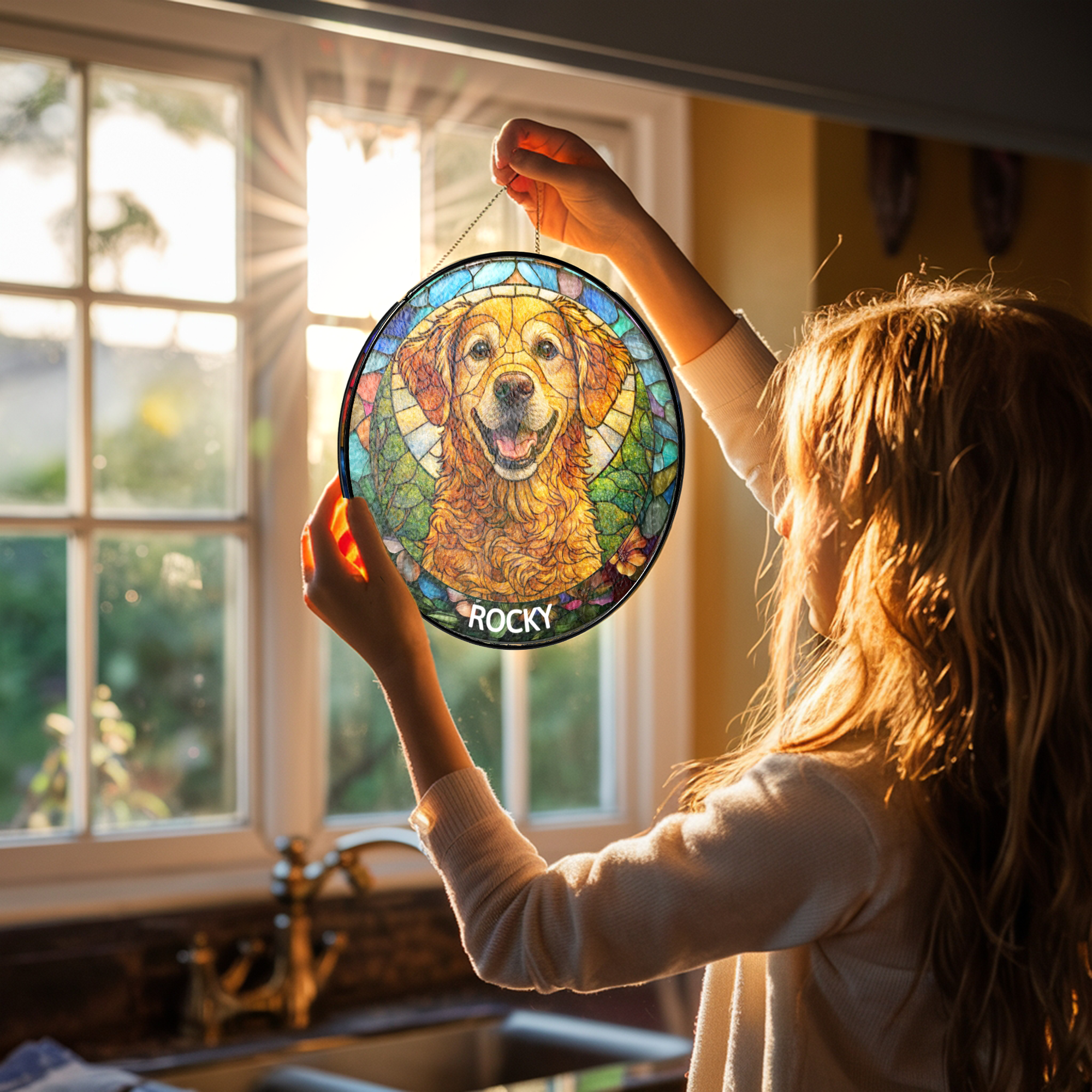 Custom Photo Portrait Dog Cat Family - Personalized Stained Glass Window Hanging Suncatcher