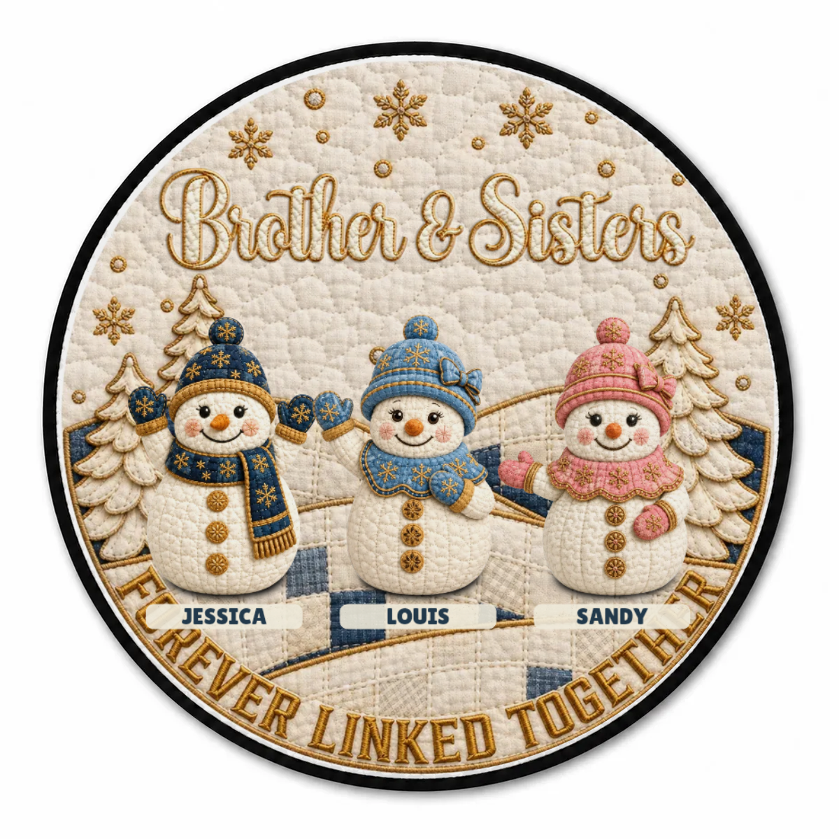 Personalized snowman family quilted carpet with three names