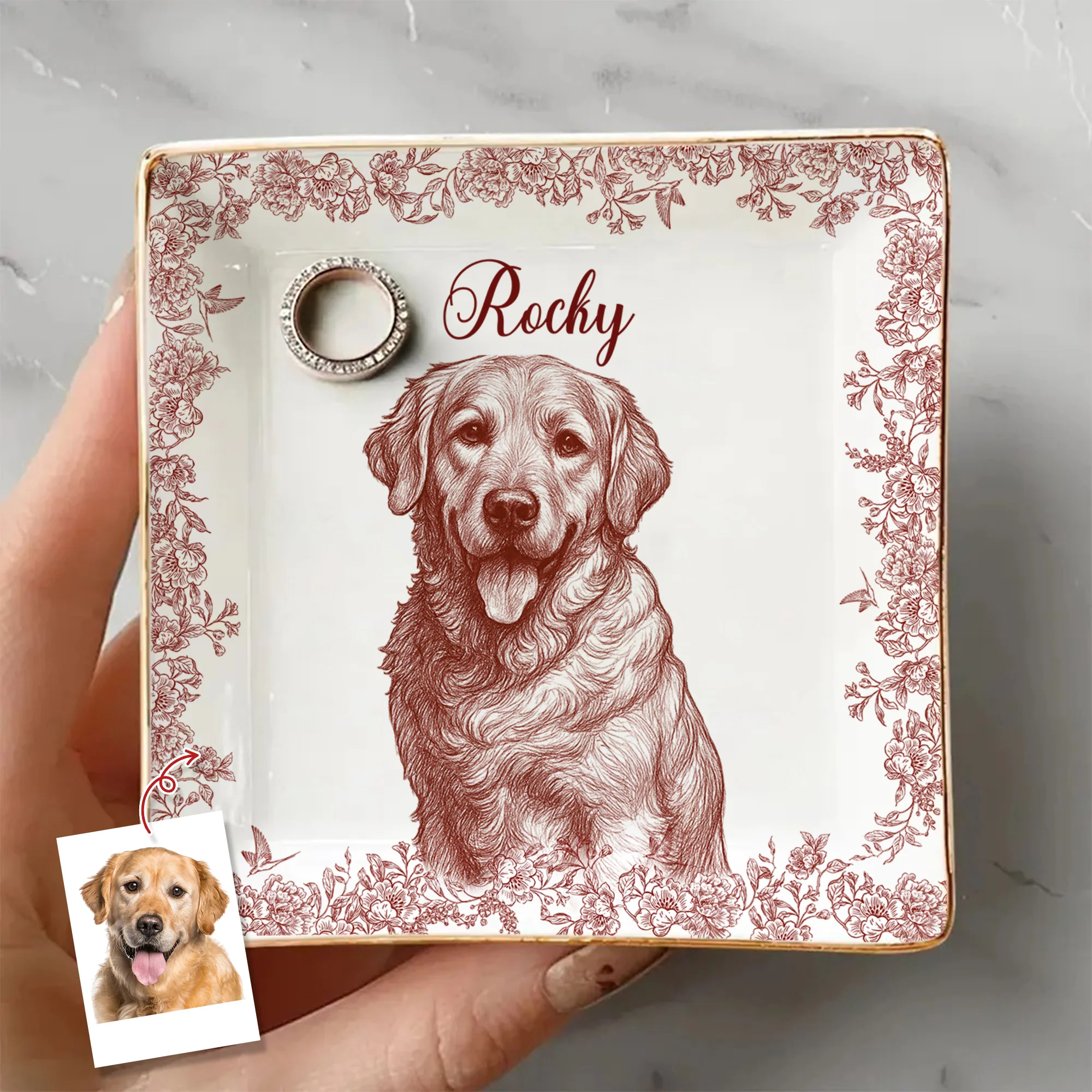 Custom Photo Dog Cat Toile De Jouy Style Jewelry Dish
