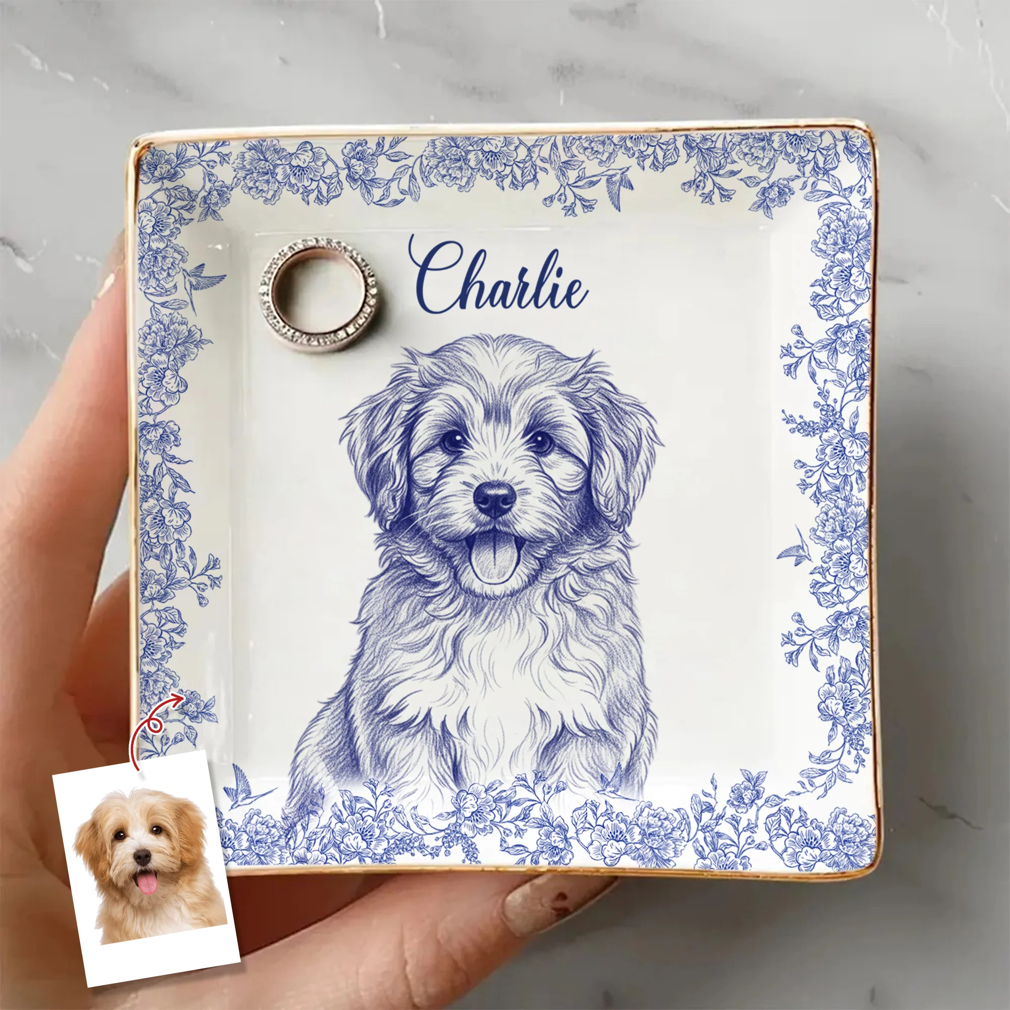 Custom Photo Dog Cat Toile De Jouy Style Jewelry Dish