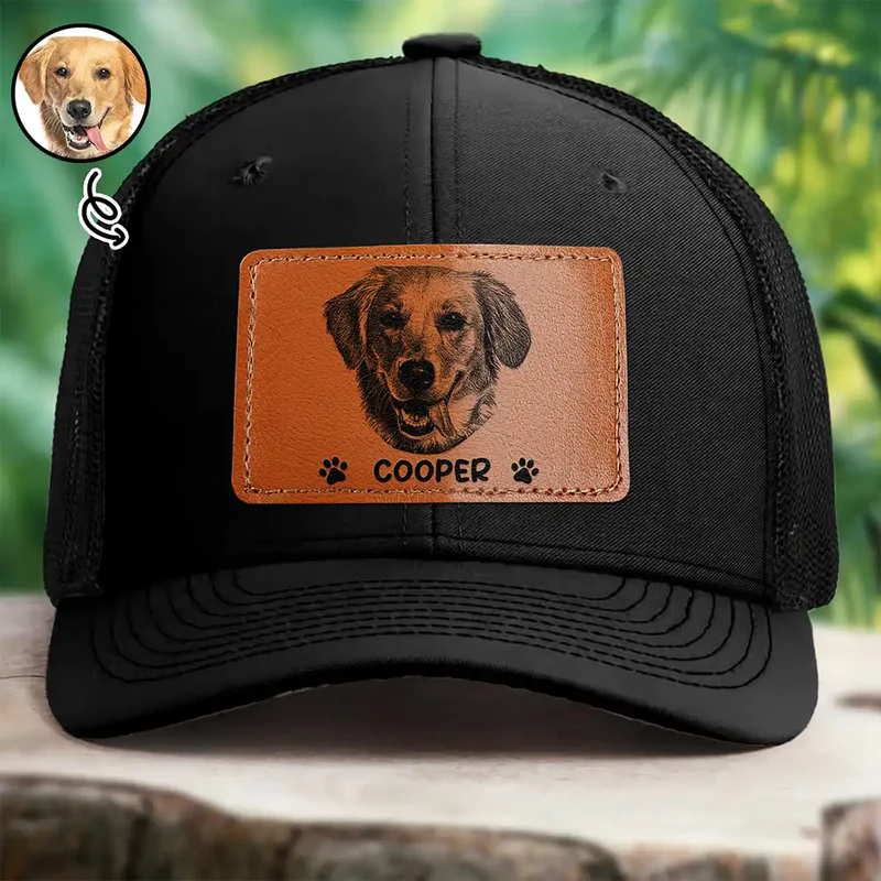 Custom Photo Pencil Sketch Just A Man & His Dog - Leather Label Net Hat