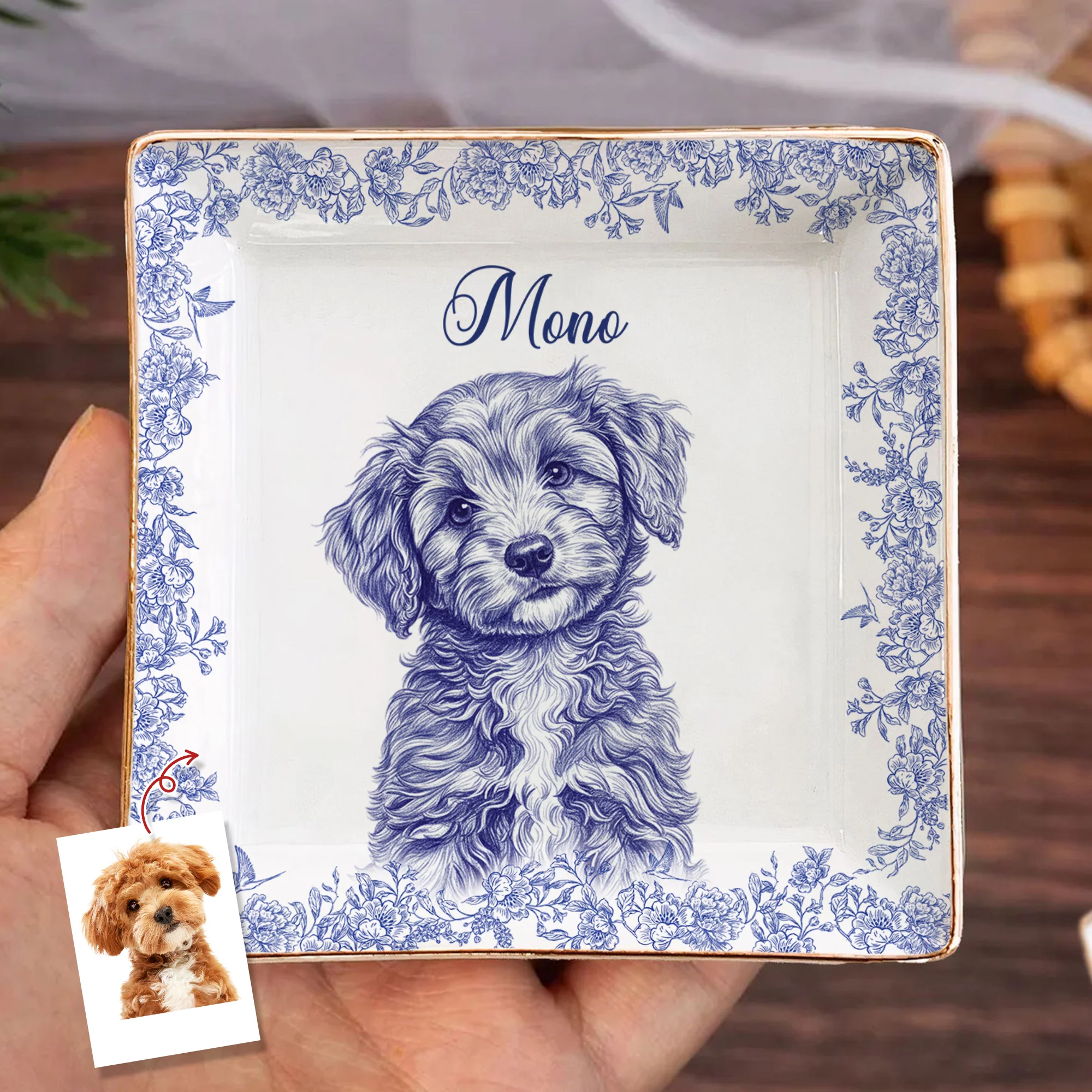 Custom Photo Dog Cat Toile De Jouy Style Jewelry Dish