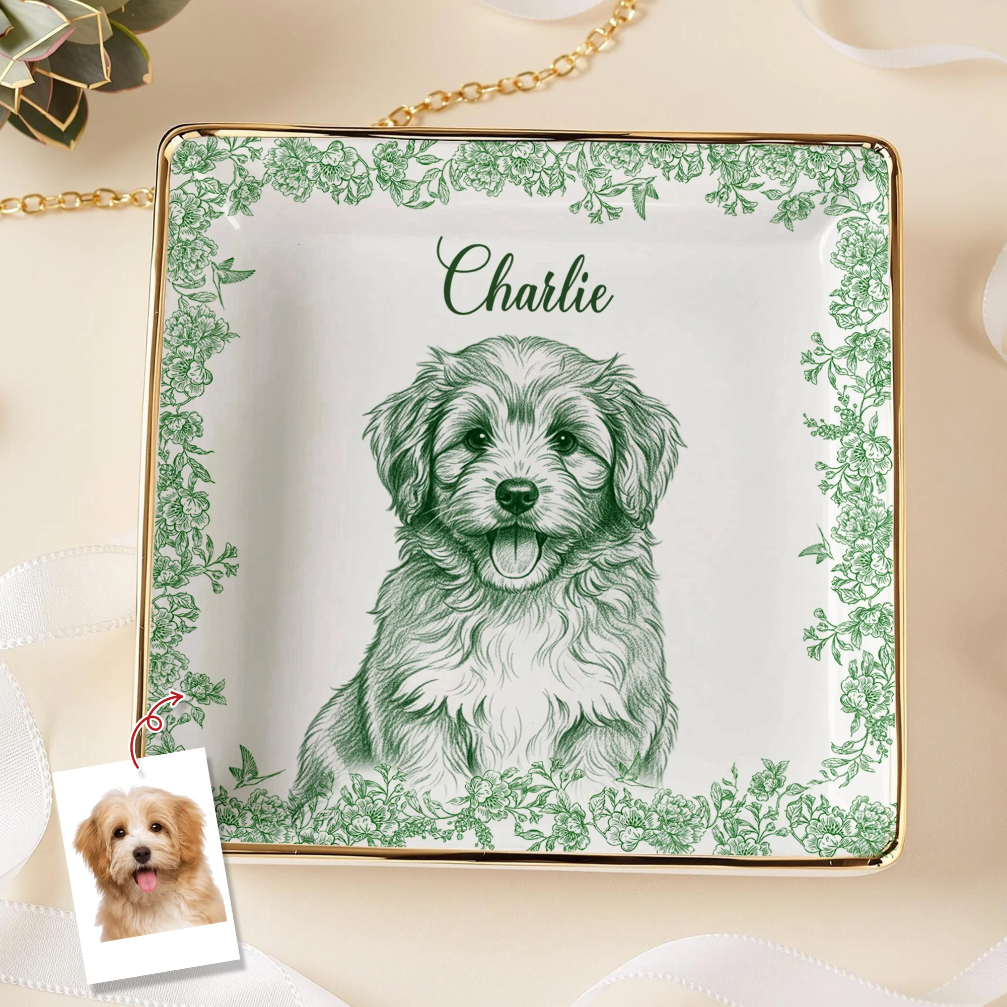 Custom Photo Dog Cat Toile De Jouy Style Jewelry Dish