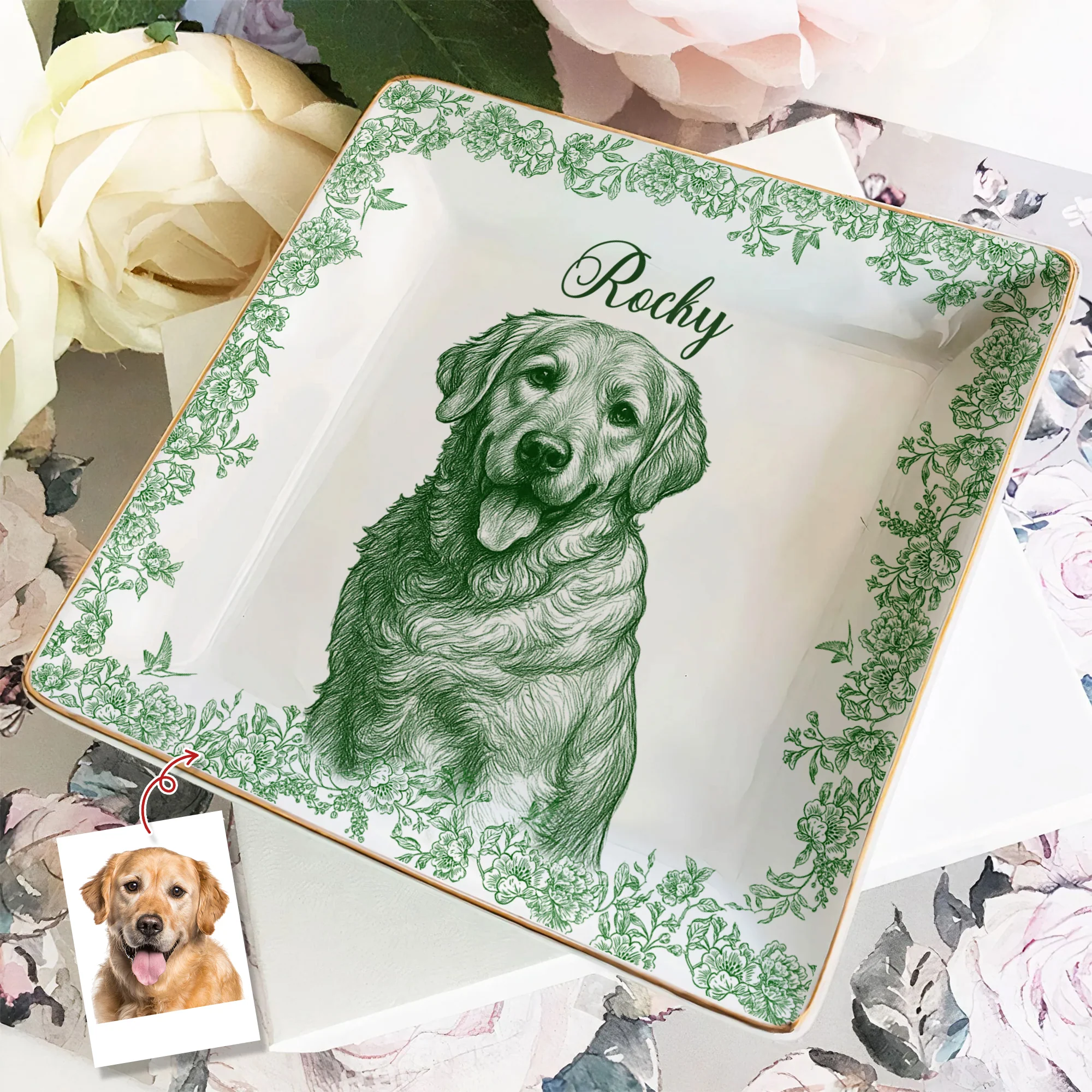 Custom Photo Dog Cat Toile De Jouy Style Jewelry Dish