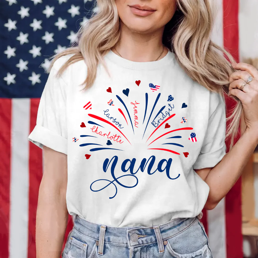 Firework America Flag Grandma And Kids - Personalized T-Shirt