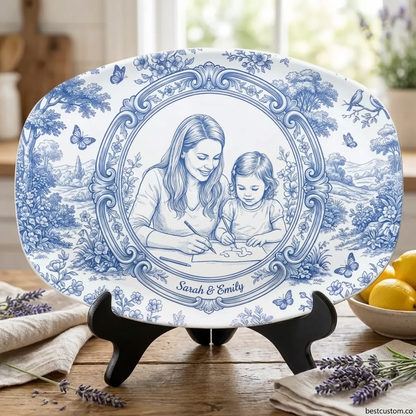 Mom & Kid A Bond That Can t Be Broken - Personalized Platter, Gift For Mom, Grandma, Drawing Portrait