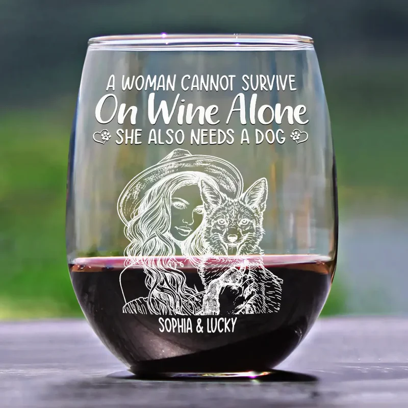 Custom Photo Pencil Sketch Pet Portrait A Woman & Her Dog - Personalized Stemless Wine Glass