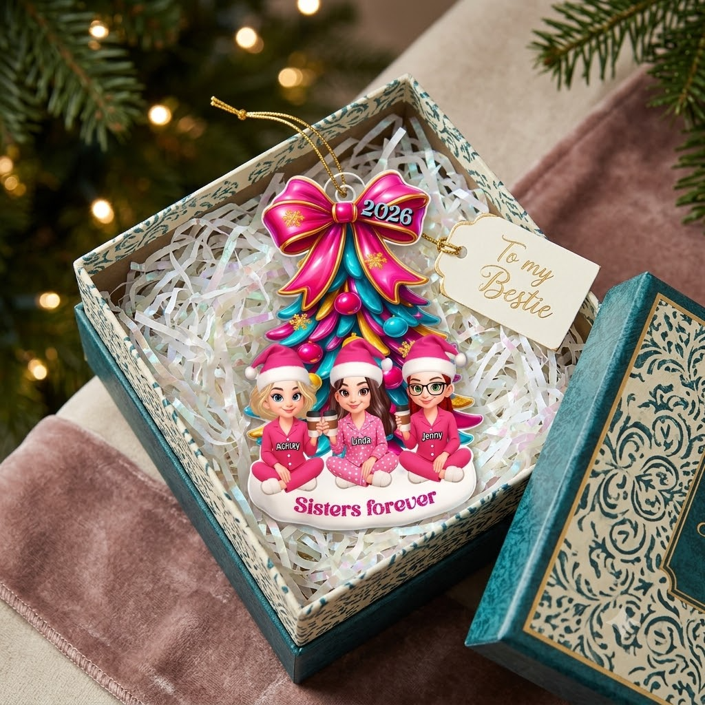 Besties Sitting Under Pink Christmas Tree Personalized Acrylic Ornament, Christmas Gift for Best Friends, Sisters