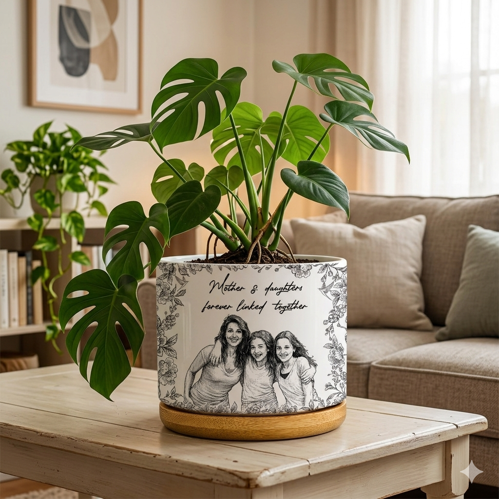 Custom Photo Pencil Sketch A True FriendshipTHe Love Between Mother & Daughters - Personalized Ceramic Plant Pot
