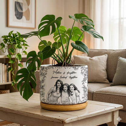 Custom Photo Pencil Sketch A True FriendshipTHe Love Between Mother & Daughters - Personalized Ceramic Plant Pot