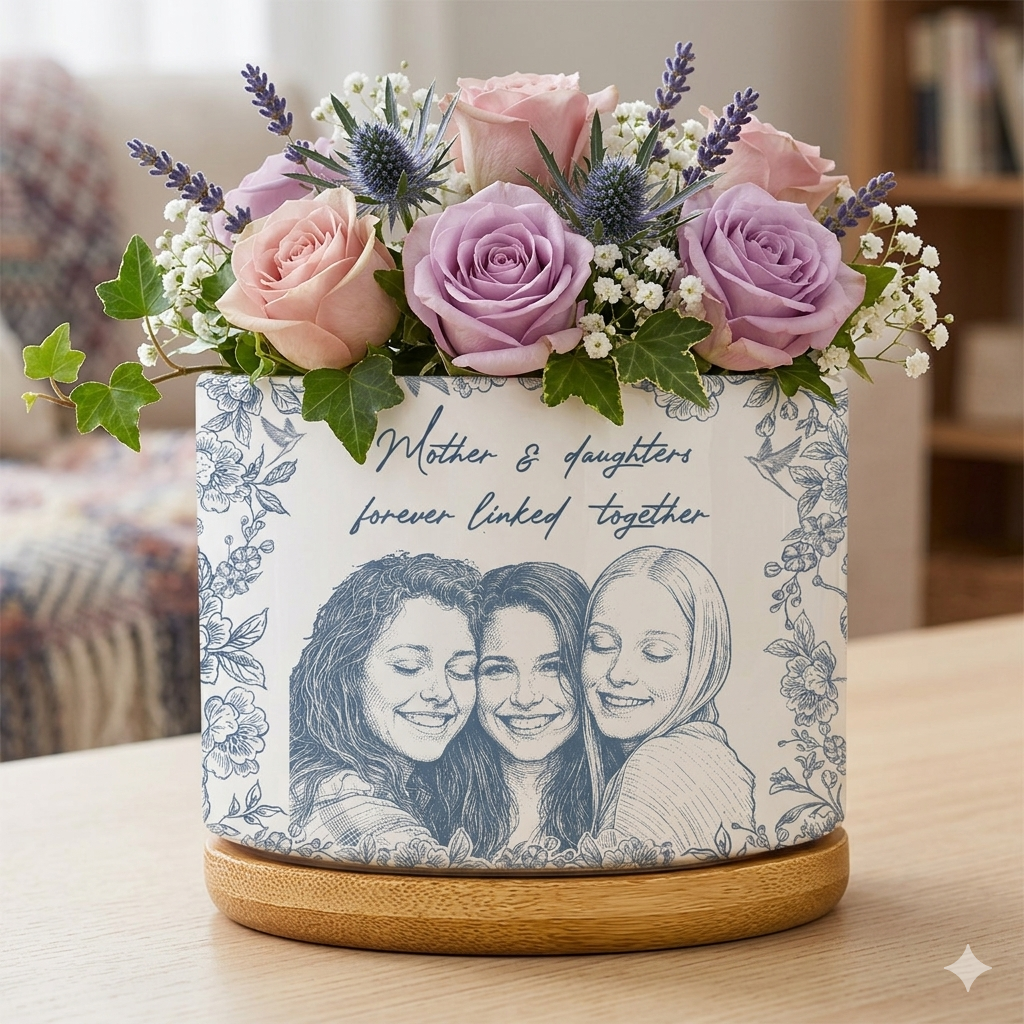 Custom Photo Pencil Sketch A True FriendshipTHe Love Between Mother & Daughters - Personalized Ceramic Plant Pot