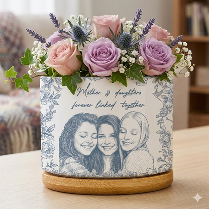 Custom Photo Pencil Sketch A True FriendshipTHe Love Between Mother & Daughters - Personalized Ceramic Plant Pot