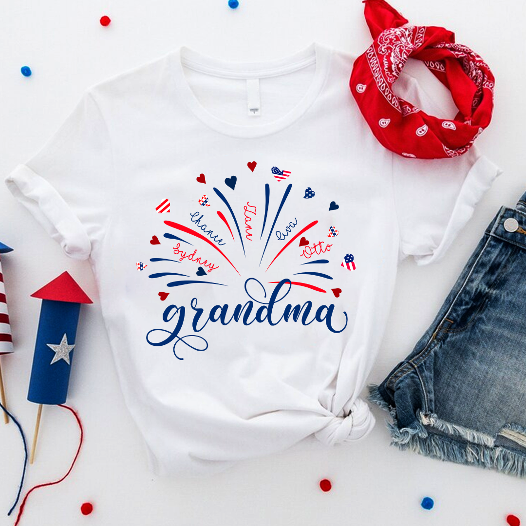 Firework America Flag Grandma And Kids - Personalized T-Shirt