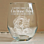Custom Photo Pencil Sketch Pet Portrait A Woman & Her Dog - Personalized Stemless Wine Glass
