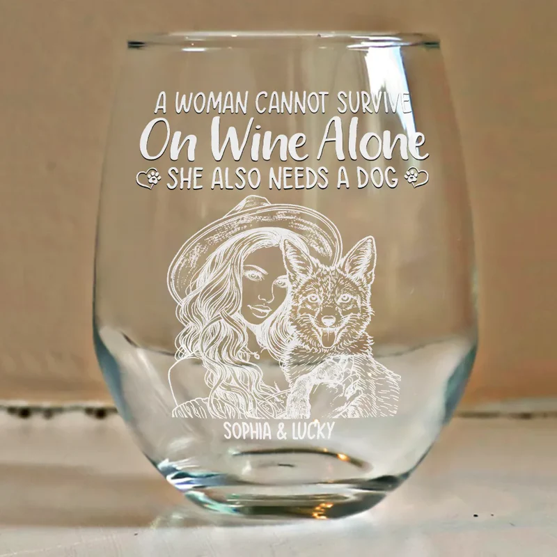Custom Photo Pencil Sketch Pet Portrait A Woman & Her Dog - Personalized Stemless Wine Glass