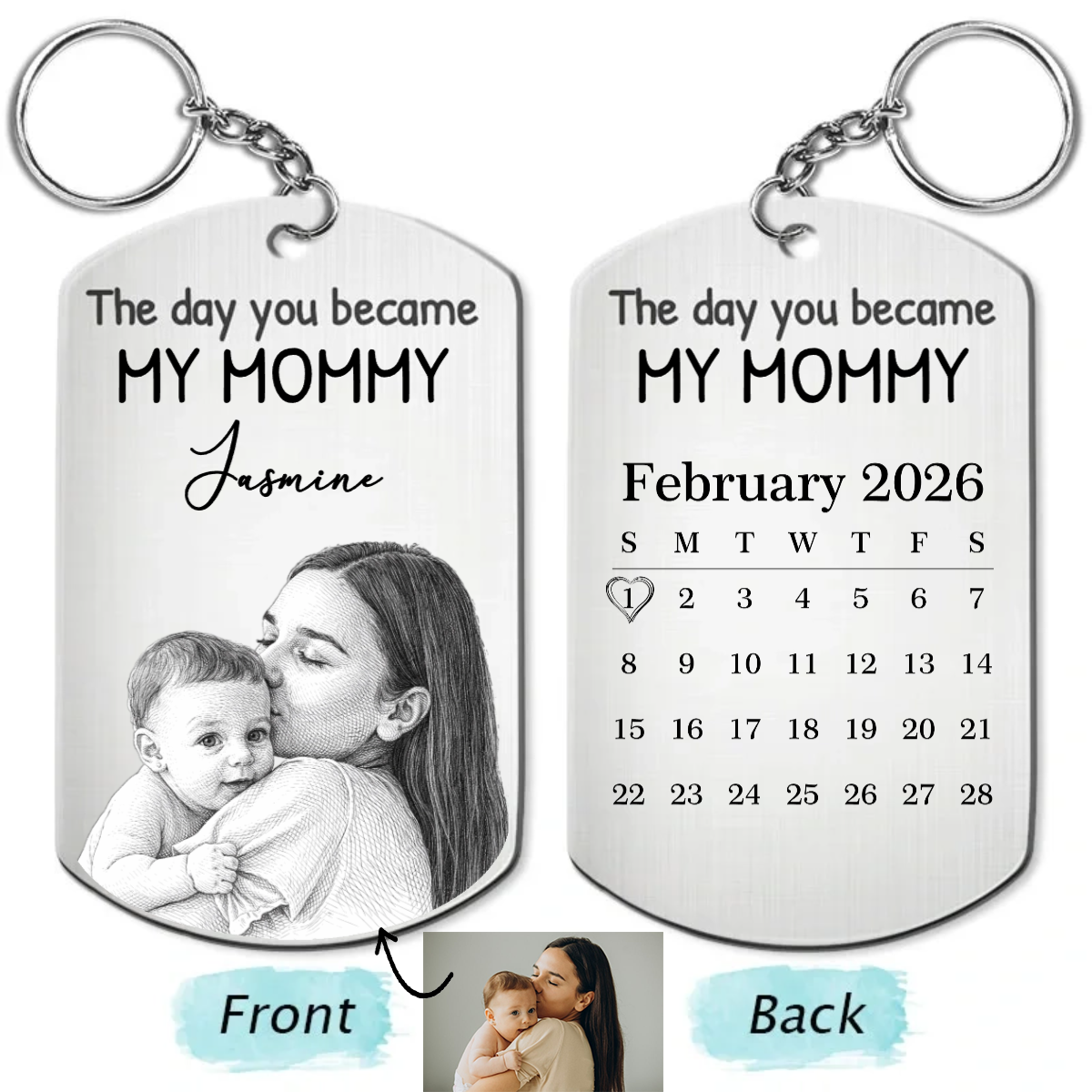 Custom Photo Pencil Sketch Calendar The Day You Became My Mom - Personalized Keychain