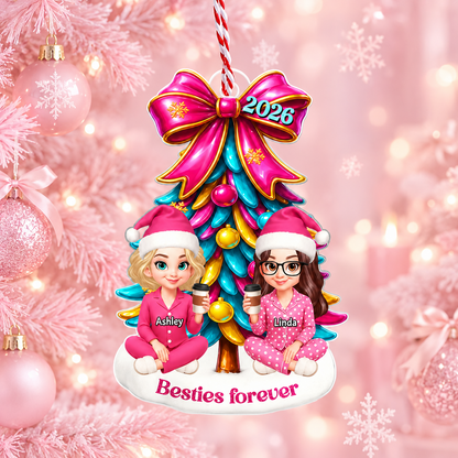 Besties Sitting Under Pink Christmas Tree Personalized Acrylic Ornament, Christmas Gift for Best Friends, Sisters