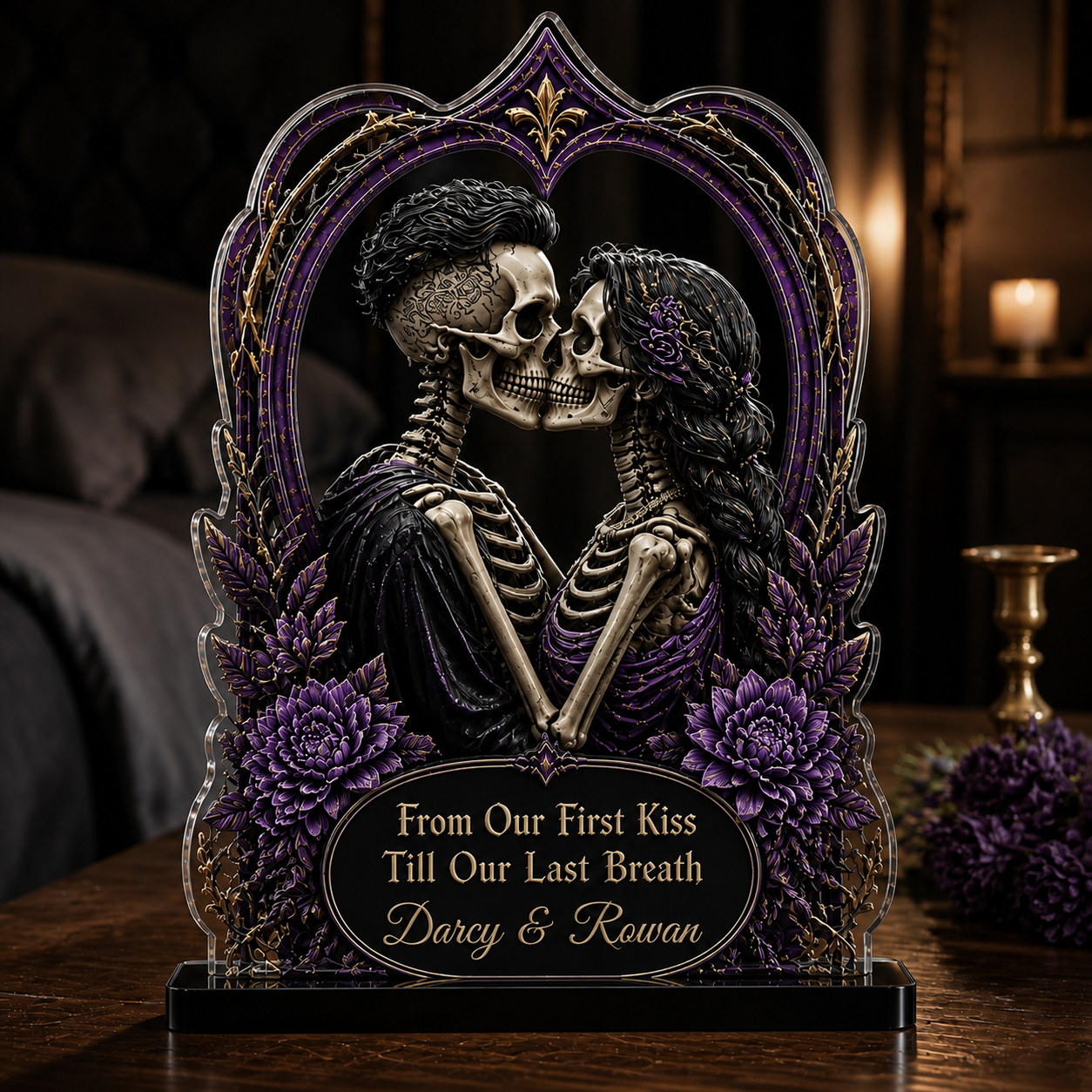 Personalized Gothic Skeleton Couple Acrylic Plaque – Halloween Anniversary Gift for Husband, Wife or Soulmate
