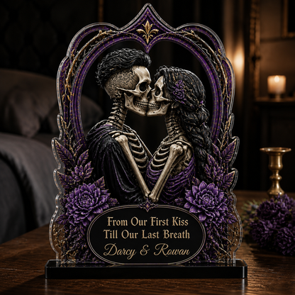 Personalized Gothic Skeleton Couple Acrylic Plaque – Halloween Anniversary Gift for Husband, Wife or Soulmate