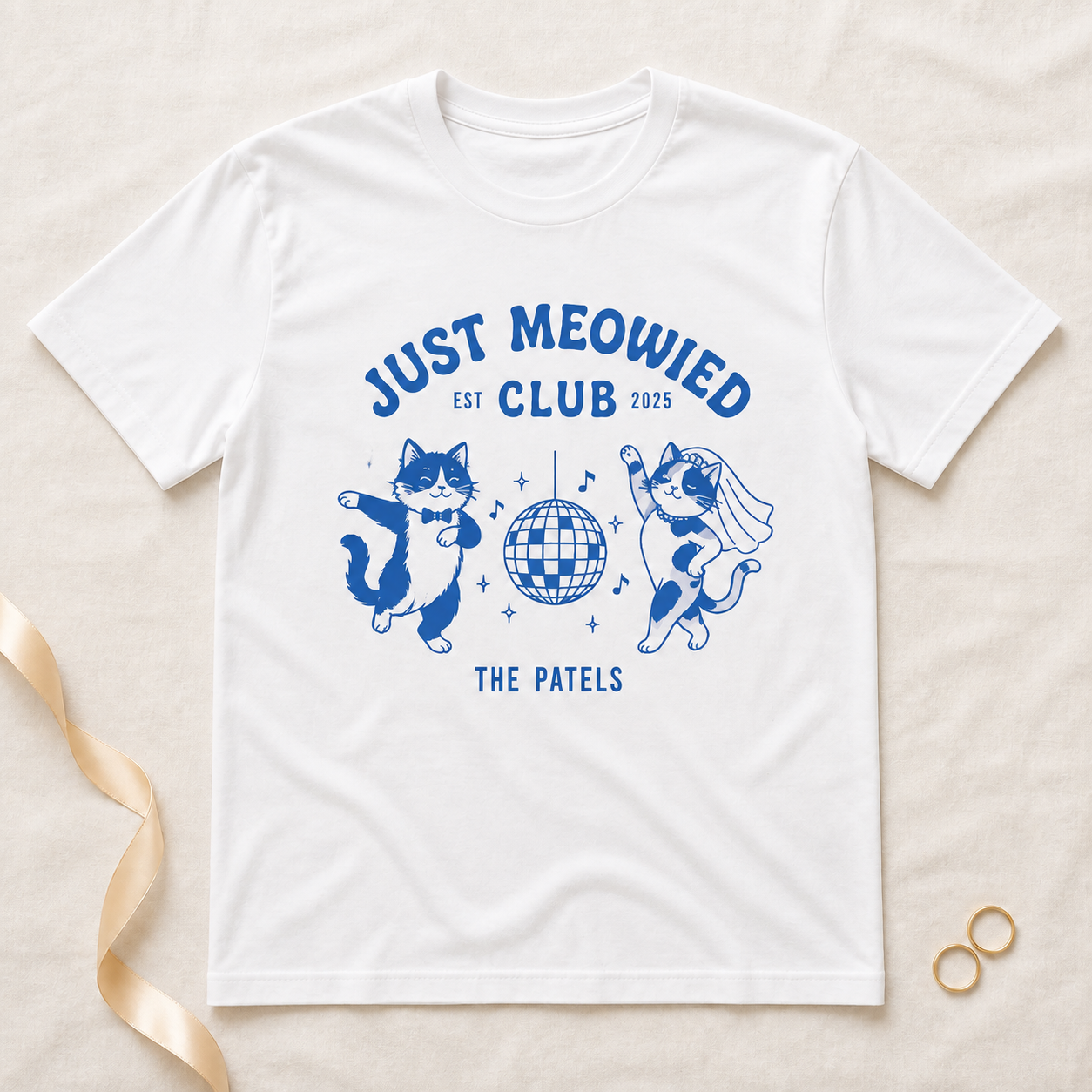 Just Meowied Personalized Cat Wedding T-Shirt – Funny Newlywed Couple Tee, Custom Family Name Gift for Cat Lovers