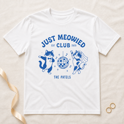 Just Meowied Personalized Cat Wedding T-Shirt – Funny Newlywed Couple Tee, Custom Family Name Gift for Cat Lovers