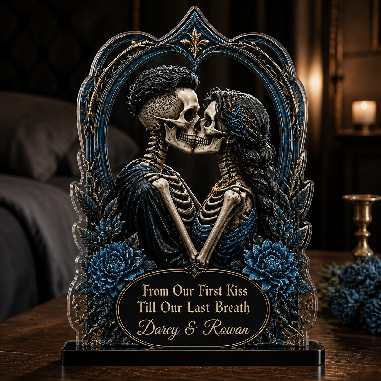 Personalized Gothic Skeleton Couple Acrylic Plaque – Halloween Anniversary Gift for Husband, Wife or Soulmate