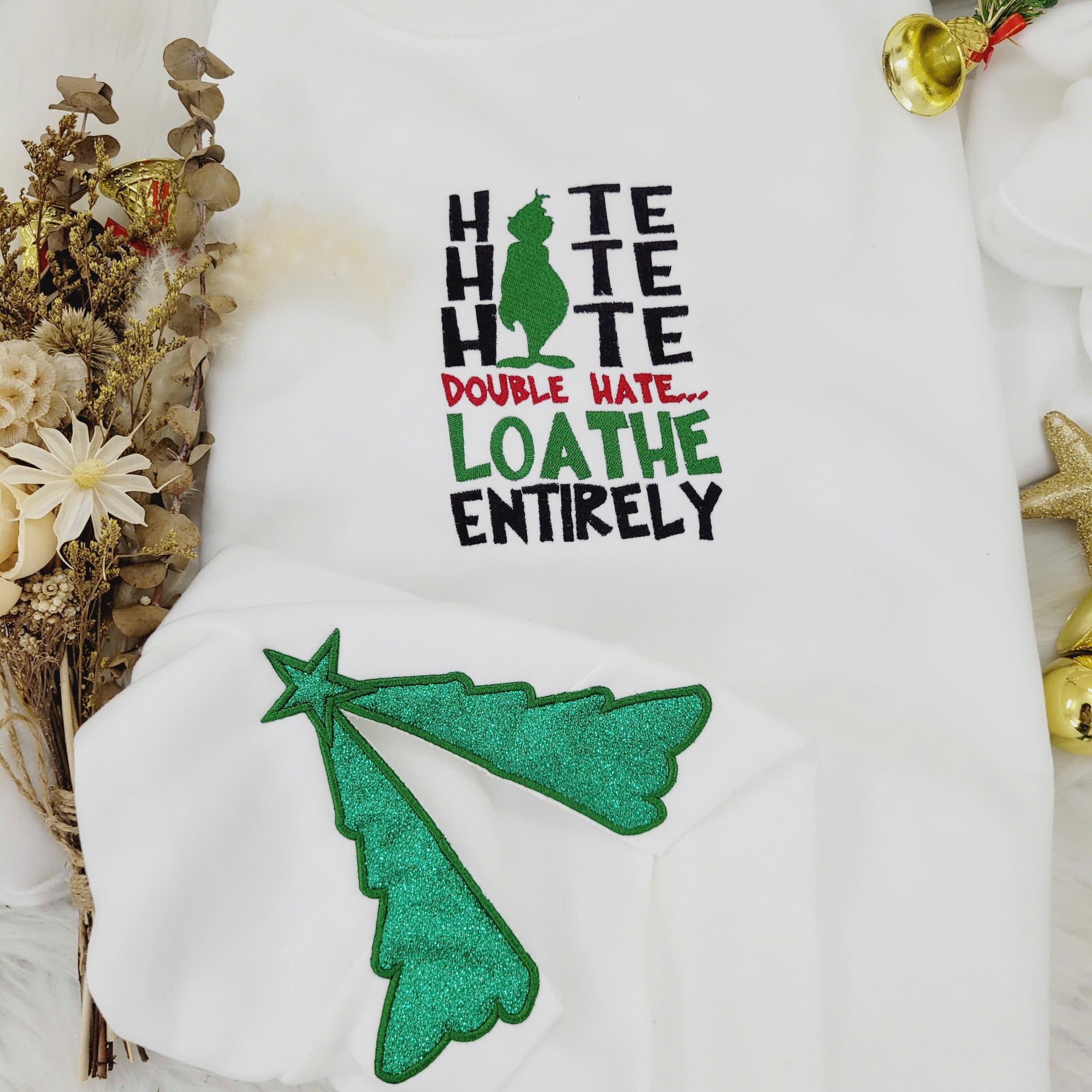 Hate Hate Hate Bow Christmas Tree Side Bow Cut-Out Embroidery Sweatshirt, Custom Merry Side Bow Cut-Out Sweatshirt With Glitter, Trendy Coquette Bow z6034030555264_8c4cd89cbcea9d874206cb12b45b4a25.jpg